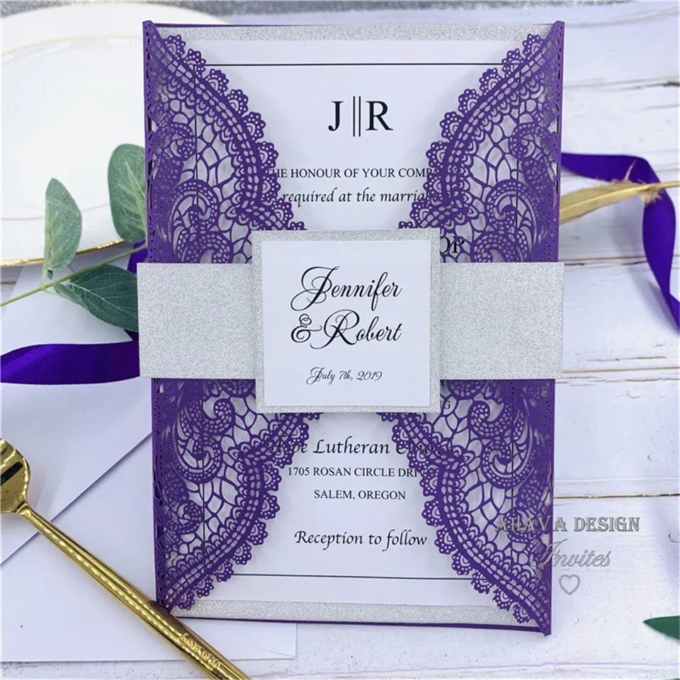Luxury Pearl Dark Purple Laser Cut Wedding Invitation With Glitter Grey Belly band, Customized Insert
Luxury Pearl Dark Purple Laser Cut Wedding Invitation With Glitter Grey Belly band, Customized Insert