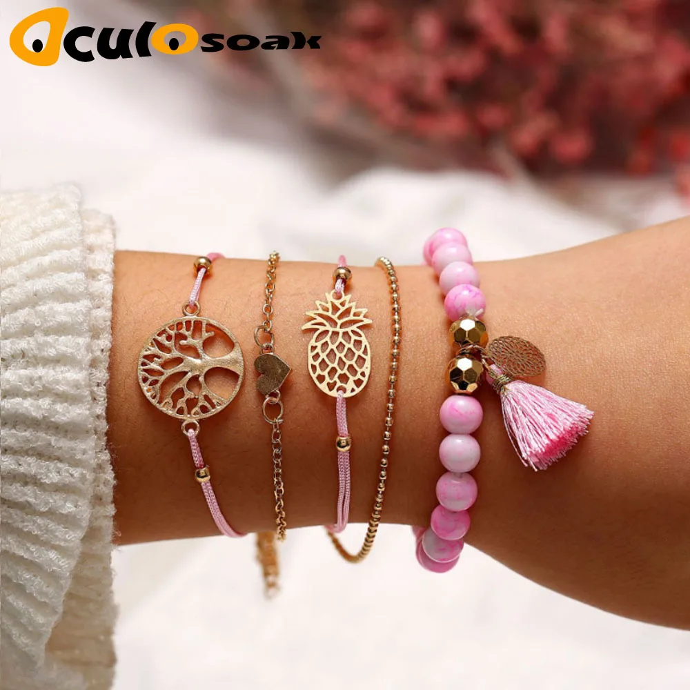 5pcs/Set Pineapple Heart Coconut Tree Charm Bracelets Pink Stone Beads Bracelets Sets Multi-layer Chain Bohemian Bracelet Women
5pcs/Set Pineapple Heart Coconut Tree Charm Bracelets Pink Stone Beads Bracelets Sets Multi-layer Chain Bohemian Bracelet Women