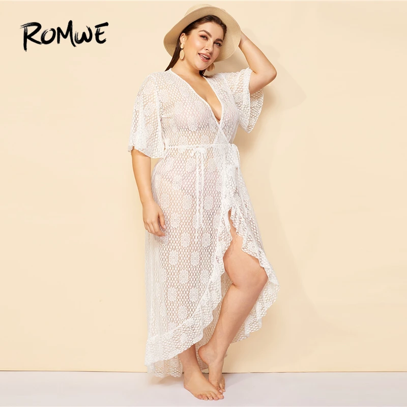 Romwe Sport Plus Size Women White Lace Flower Pattern Deep V Neck Tied Waist Beach Cover-ups Long Sheer Beachwear Kimonos
Romwe Sport Plus Size Women White Lace Flower Pattern Deep V Neck Tied Waist Beach Cover-ups Long Sheer Beachwear Kimonos