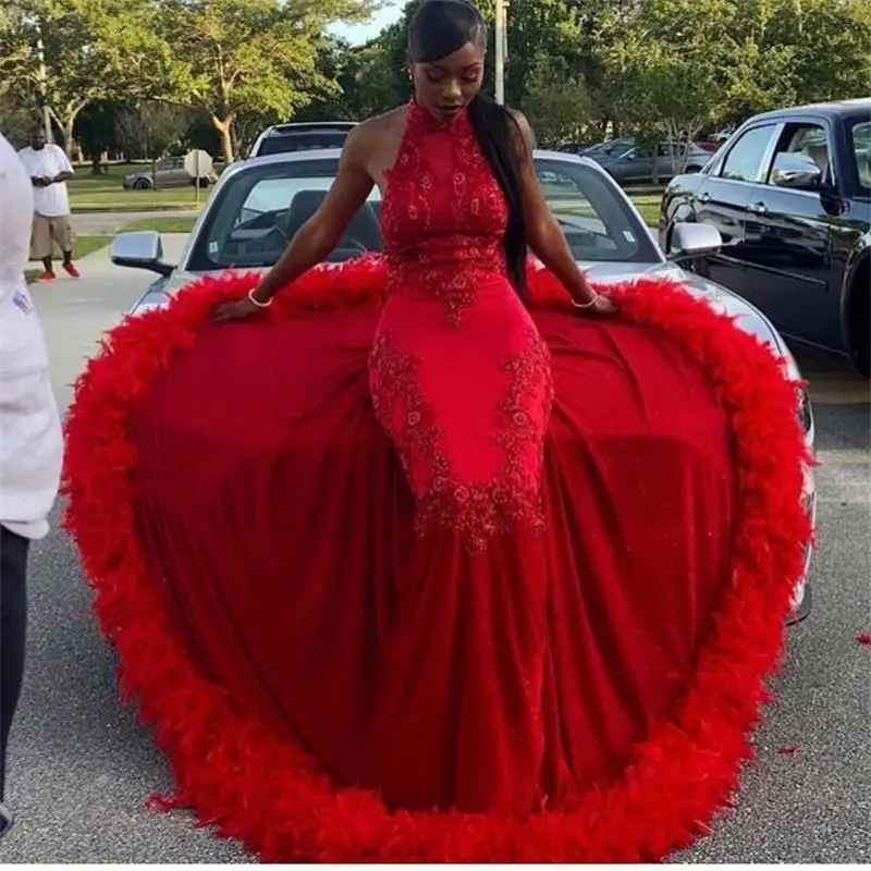 

Sexy Red Mermaid Feather Prom Dresse Sleeveless High Neck Lace Applique Beading Formal Evening Gowns Black Girl robe de soiree