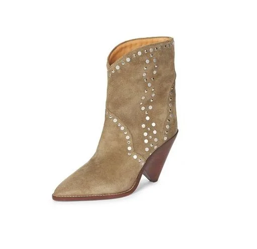 New Designer Beige Suede Studded Ankle Boots Pointed Toe Spike Heels Women Wedge Boots Slip-on Runway Ridding Boots Big Size 10
New Designer Beige Suede Studded Ankle Boots Pointed Toe Spike Heels Women Wedge Boots Slip-on Runway Ridding Boots Big Size 10