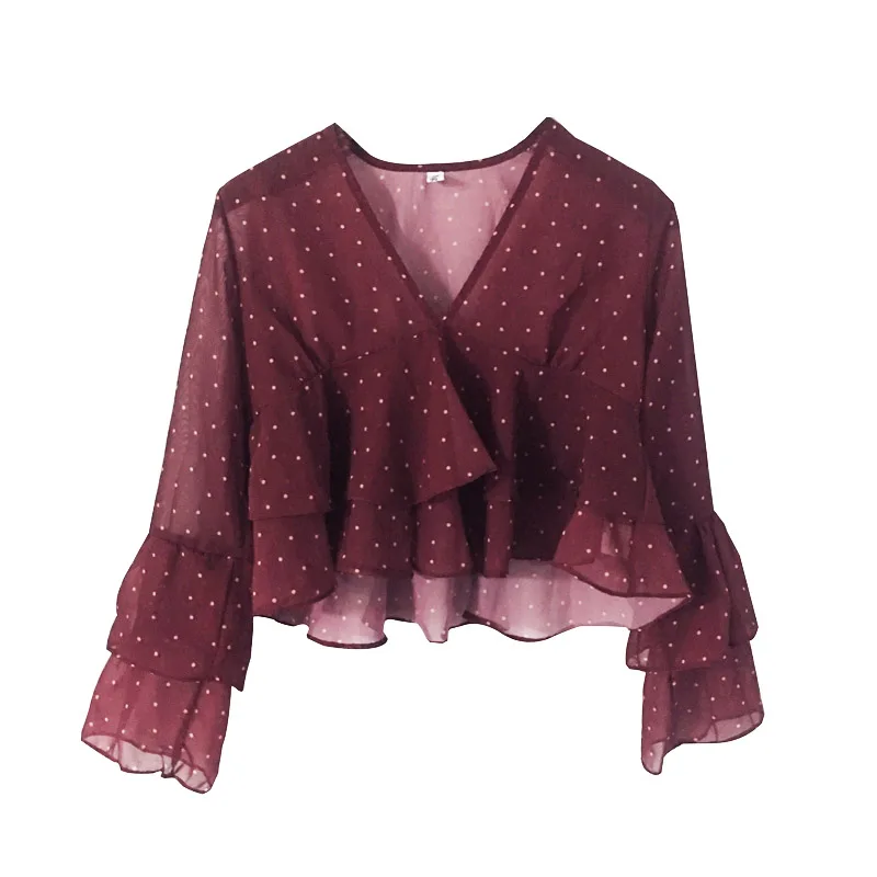 PERHAPS U women chiffon v neck flare sleeve 3/4 sleeve short ruffle wine red polka dot top blouse B0194
PERHAPS U women chiffon v neck flare sleeve 3/4 sleeve short ruffle wine red polka dot top blouse B0194