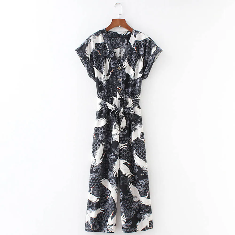 

ANSFX Vintage Ethnic Crane Floral Totem Print Deep V-Neck Slim Sashes Tied Bow Jumpsuit Short Sleeve Rompers Bodysuit Overalls