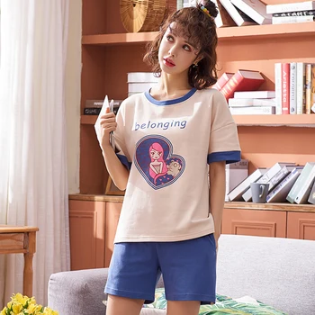Summer Pure Cotton Two Piece Set Sleepwear Cartoon Short Sleeve Graphic Cute Print Top and Elastic Band Shorts Pajama Sets
Summer Pure Cotton Two Piece Set Sleepwear Cartoon Short Sleeve Graphic Cute Print Top and Elastic Band Shorts Pajama Sets
