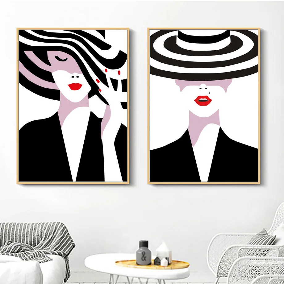 Black-White-Vogue-Girl-Hat-Lips-Wall-Art-Canvas-Painting-Nordic-Posters-And-Prints-Wall-Pictures(1)