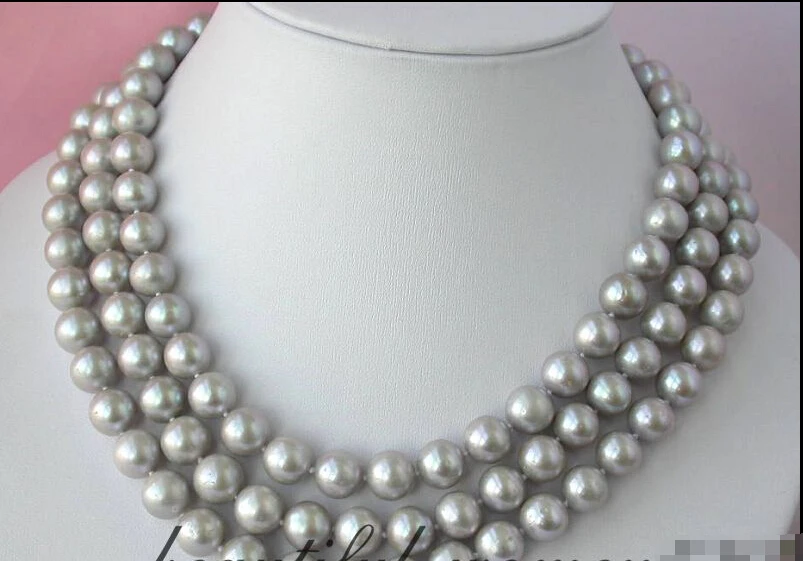 

2363 3row 11mm round gray freshwater pearl necklace silver mabe (A0511)