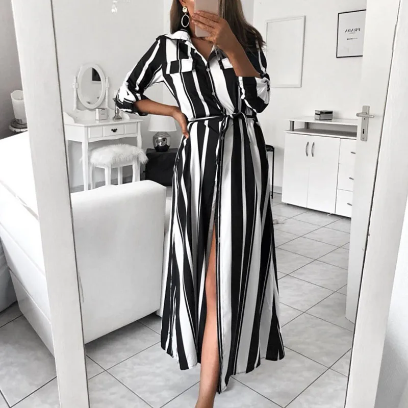 Women Lapel Color Dress Striped Printing Long Sleeve Button Belt Decor Elegant A-line Long Maxi Shirt Dress
Women Lapel Color Dress Striped Printing Long Sleeve Button Belt Decor Elegant A-line Long Maxi Shirt Dress