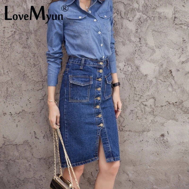 Womens Skirt Jeans Single Breasted Jupe Fashion Slim Fit Ladies Rokjes Elegant Solid Denim Skirts with Double Pocket Split Saias
Womens Skirt Jeans Single Breasted Jupe Fashion Slim Fit Ladies Rokjes Elegant Solid Denim Skirts with Double Pocket Split Saias