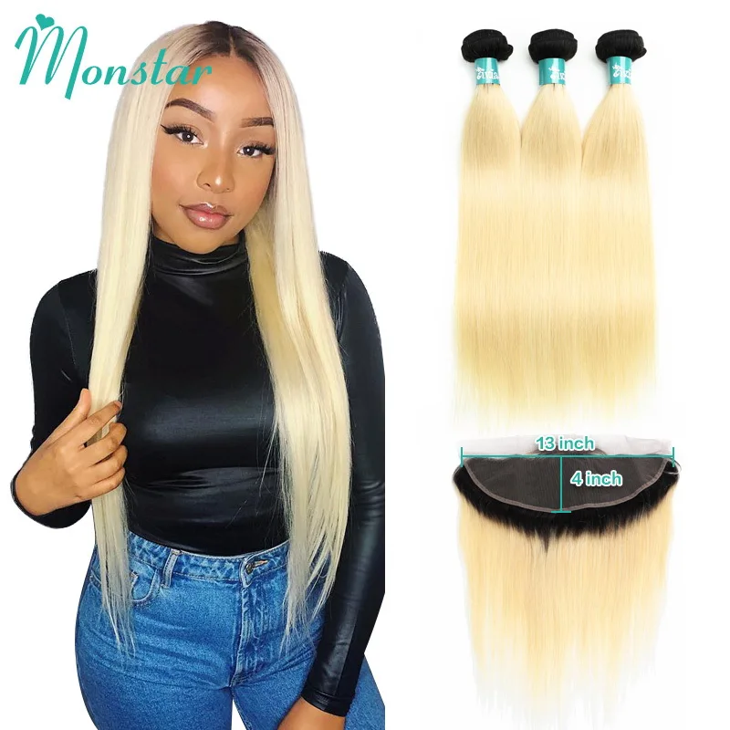 

Monstar 1B 613 13*4 Ear to Ear Lace Frontal Closure with 2 3 4 Bundle Brazilian Straight Two Tone Blonde Ombre Human Hair bundle