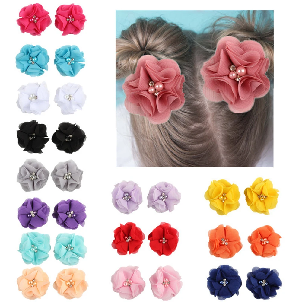 2Pcs Kids Girls Mini Chiffon Flowers with Pearl Rhinestone Hair Clip Barrettes