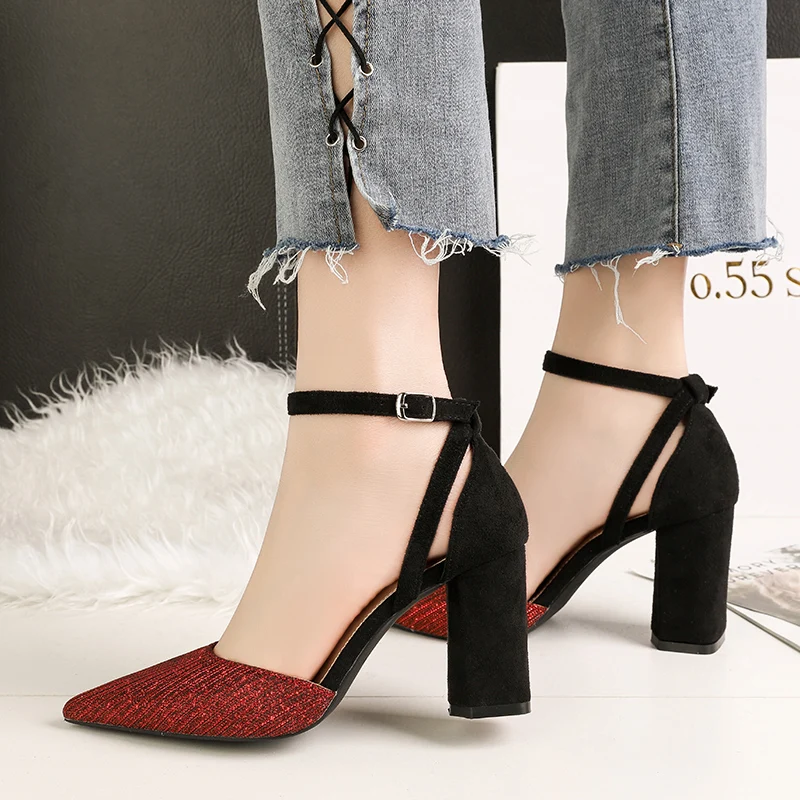 2018 Summer Fashion Woman Thick High Heels Female Red Luxury Sandals Block Lady Sexy Party Pointed Toe T-Strap Gray Shoes | Обувь