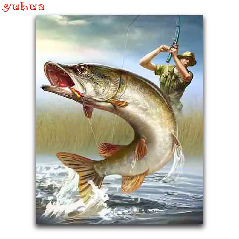 Full Round Diamond mosaic Full Square Diamond painting man fishing in river wood 5D DIY Diamond embroidery Cross stitch fish_