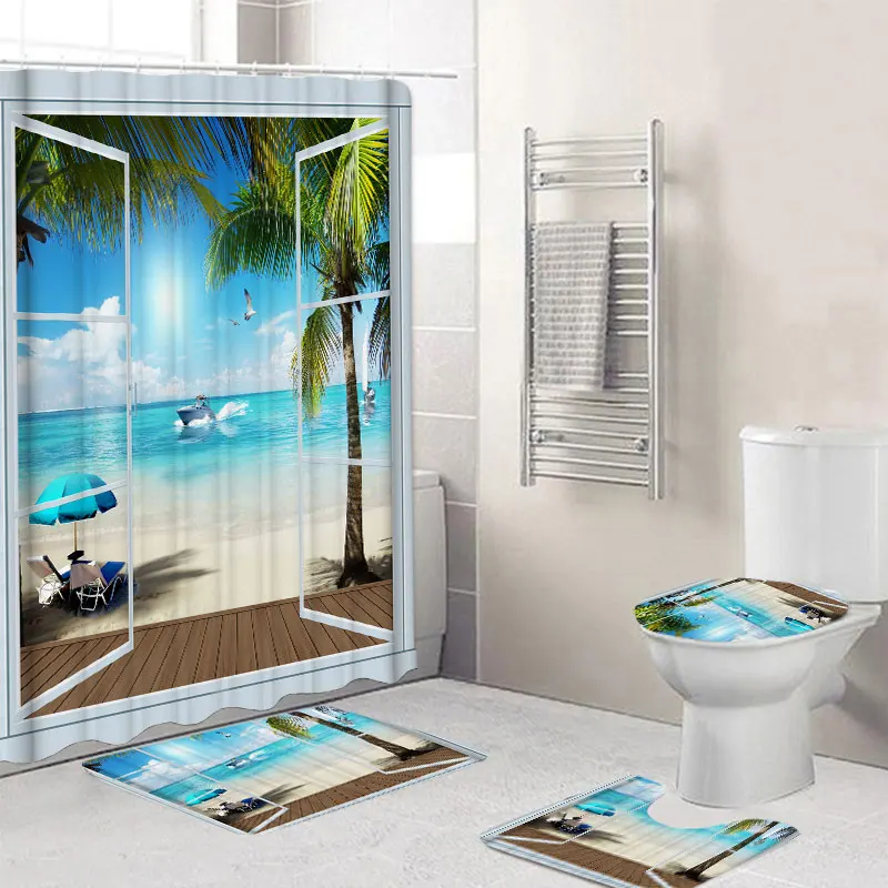 4 PCS Summer Beach Landscape Waterproof Polyester Bathroom Shower Curtain Kit Toilet Cover Bath Mat Anti-Slip Rug Sets
4 PCS Summer Beach Landscape Waterproof Polyester Bathroom Shower Curtain Kit Toilet Cover Bath Mat Anti-Slip Rug Sets