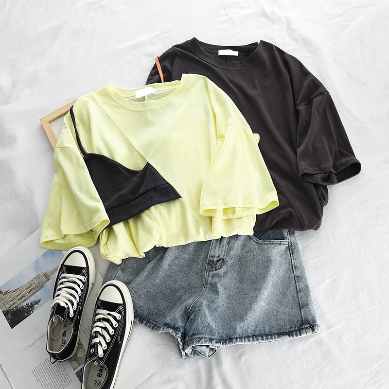 Harajuku Tee Shirt Femme Candy Color Casual T-shirt Stitching Strap Simple Streetwear Vintage Tee Shirt Tee Female Cotton Tops
Harajuku Tee Shirt Femme Candy Color Casual T-shirt Stitching Strap Simple Streetwear Vintage Tee Shirt Tee Female Cotton Tops