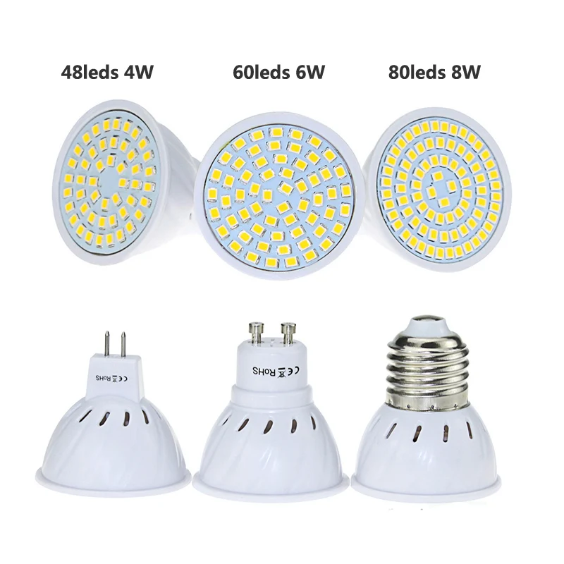 

1 piece 4W 6W 8W Ampoule LED MR16 GU10 E27 Spotlight Bulb 110V 220V 48 60 80 LEDs SMD 2835 Chip High Lumen No Flicker