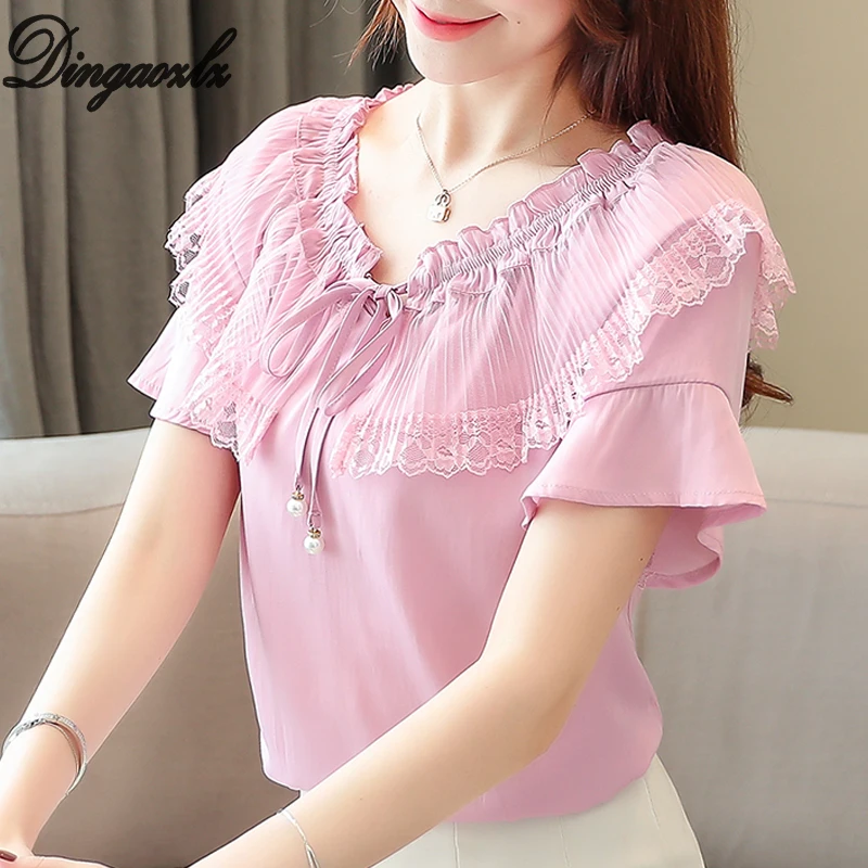 Dingaozlz New Summer Lace Blouse Short Sleeve Bow tie Chiffon shirt Elegant Casual Ruffles Women Tops blusa feminina
Dingaozlz New Summer Lace Blouse Short Sleeve Bow tie Chiffon shirt Elegant Casual Ruffles Women Tops blusa feminina