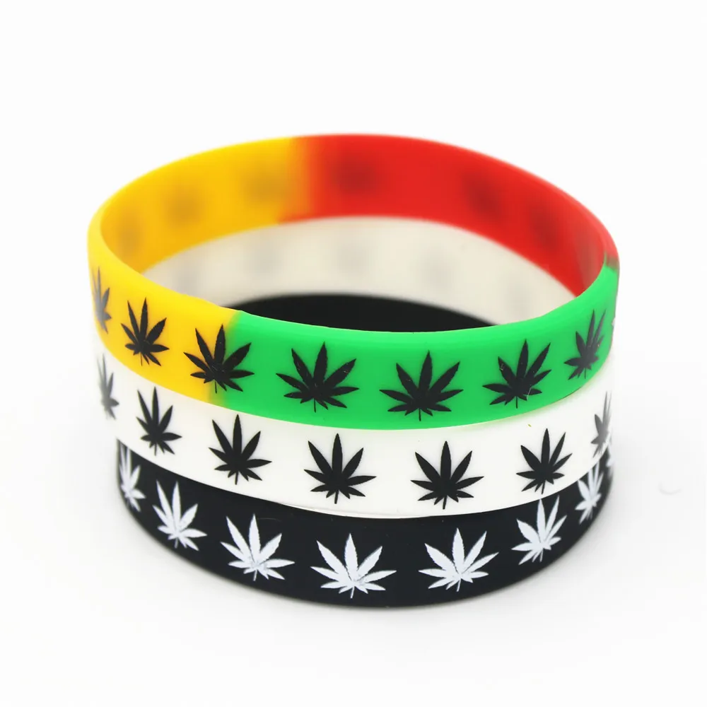 

50PCS leaves Jamaica weed Rasta Reggae Silicone Bracelet&Bangles Black White Color Rubber wristband Fashion jewelry Gifts SH125