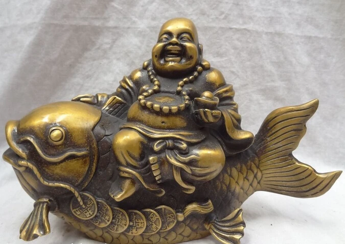 JP S0608 11" Chinese Bronze YuanBao Happy Laughing Maitreya Buddha Ride Coin Fish Statue
JP S0608 11" Chinese Bronze YuanBao Happy Laughing Maitreya Buddha Ride Coin Fish Statue