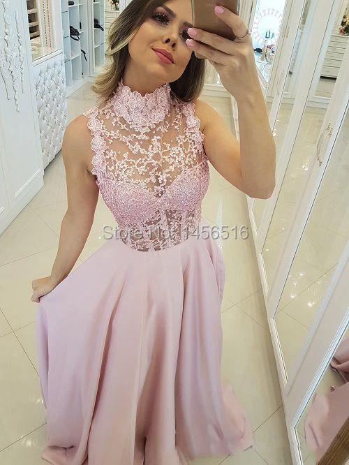 High Neck Pink Prom Dresses 2019 Sheer Bead Lace Boning Evening Gowns See Through Cocktail Party Ball Dress Formal Gown (3)
