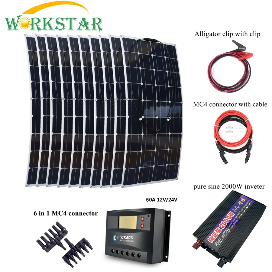 

10pcs 100W Solar Panel with Peak 2000W Inverter and 30A Controller 1000W Solar Power Syetem Kit Flexible Solar Module Charger