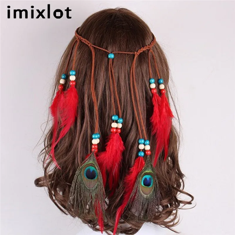 Imixlot богемный Индеец перья бисерная повязка на голову женская синяя хиппи одежда