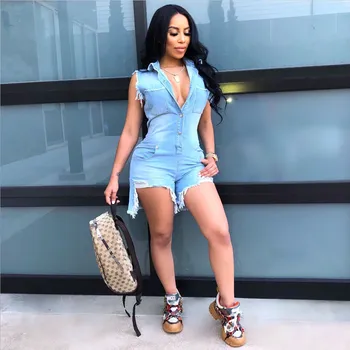 Ripped Irregular Jean Playsuit Women Turn Down Collar Sleeveless Button Pocket Short Denim Jumpsuit 
Ripped Irregular Jean Playsuit Women Turn Down Collar Sleeveless Button Pocket Short Denim Jumpsuit