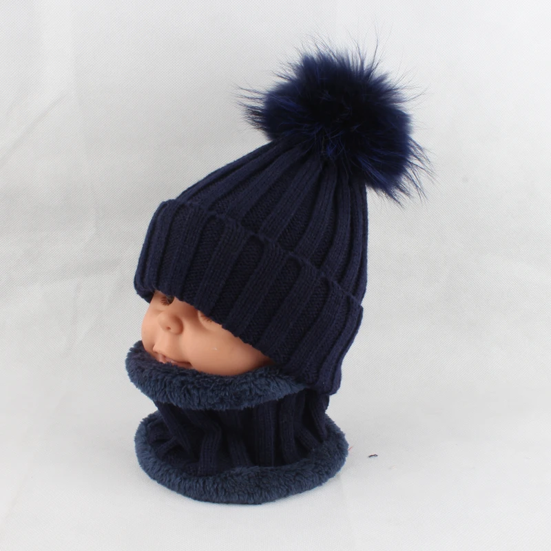 Kids Boys Girls Warm Fleece Liner Beanie Hats With Scarf Winter Fur Hat For Children Baby Pompom Skullies Beanies 36