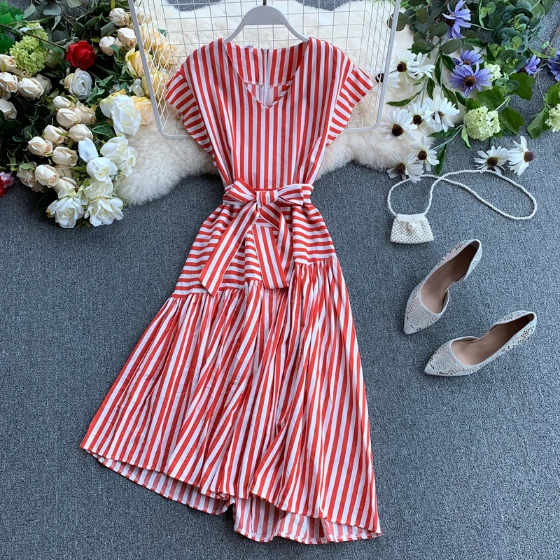 2019 Women Summer Fashion Short Sleeve V Neck Irregular Dresses woman Casual Elegant Striped Patchwork Belted Below Knee Dress | Женская