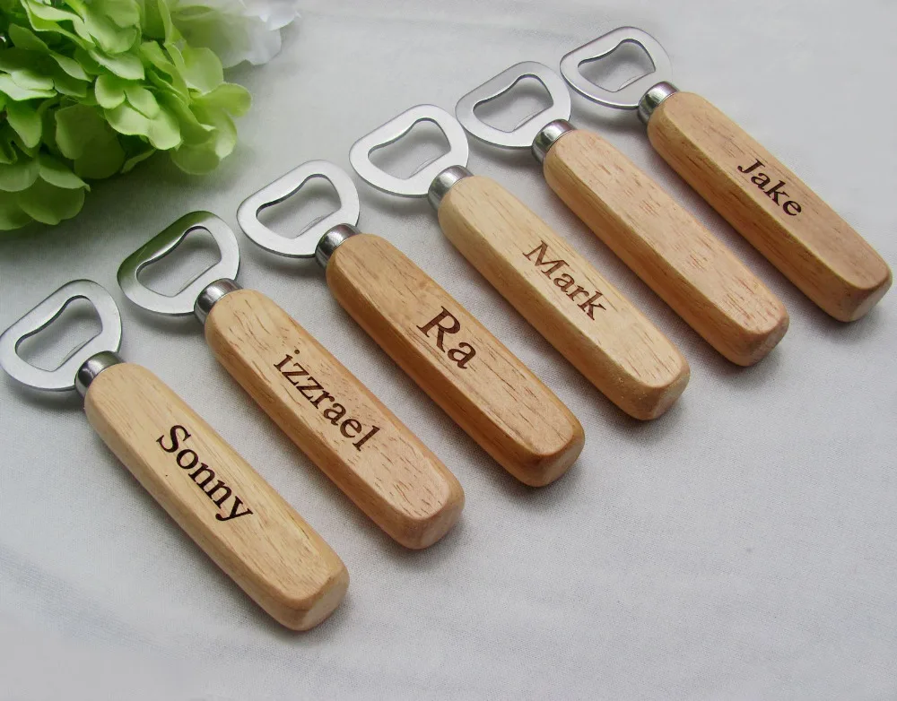 Image 5pcs lot Personalized  Stainless Steel  Beer Bottle Openers With Wood Handle for wedding favors gift