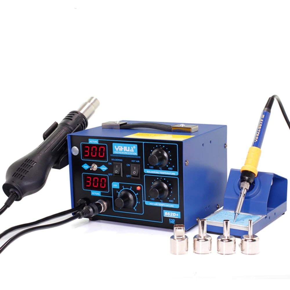 YIHUA 862D+ Soldering Station 2 In 1 BGA Rework Station Soldering Iron Hot Air Gun For IC SMD Desoldering LED digital display CE
YIHUA 862D+ Soldering Station 2 In 1 BGA Rework Station Soldering Iron Hot Air Gun For IC SMD Desoldering LED digital display CE