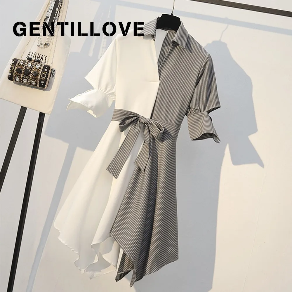 Women Fashion Striped Patchwork Shirt Dress Summer Short Sleeve Turn Down Neck Sashes Asymmetrical Korean Office Blouse Dress
Women Fashion Striped Patchwork Shirt Dress Summer Short Sleeve Turn Down Neck Sashes Asymmetrical Korean Office Blouse Dress