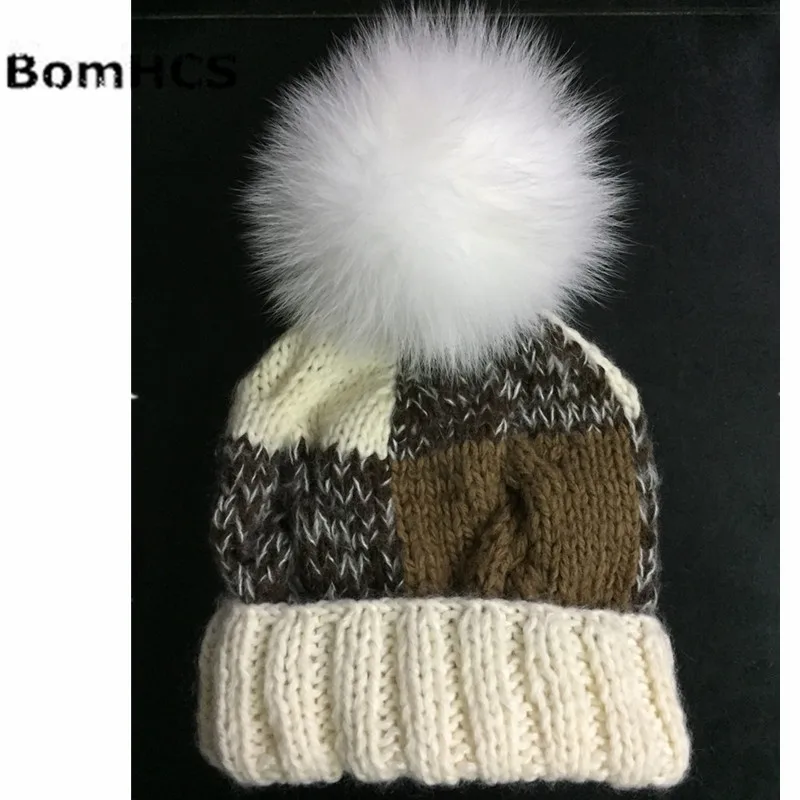 

BomHCS Luxurious Big Fox Fur Pompom Beanie 100% HANDMADE Women's Winter Knitted Mosaic Hat Warm Caps