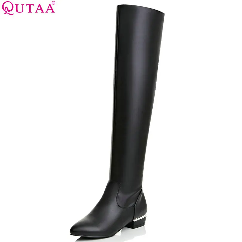 Image VALLKIN Elegant White Square Low Heel Over The Knee Boots Women Shoes Round Toe Warm Boots Casual Shoes Sown Boots size 34 43