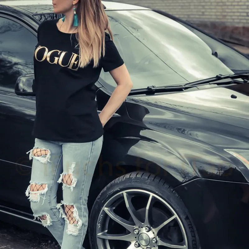 2019 новейшие летние хлопковые топы рубашки VOUGE с золотыми буквами футболка