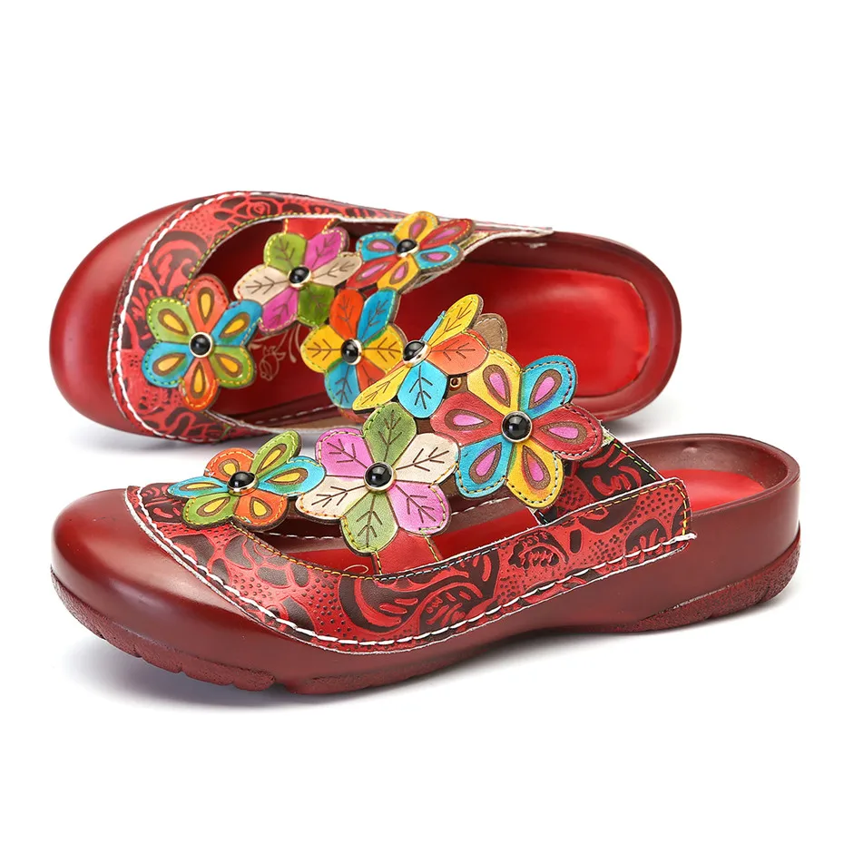 Vintage Printed Round Toe Slippers Women Shoes Genuine Leather Summer Bohemian Beach Lady Slides Flower Casual Shoe Woman Sandal (10)
