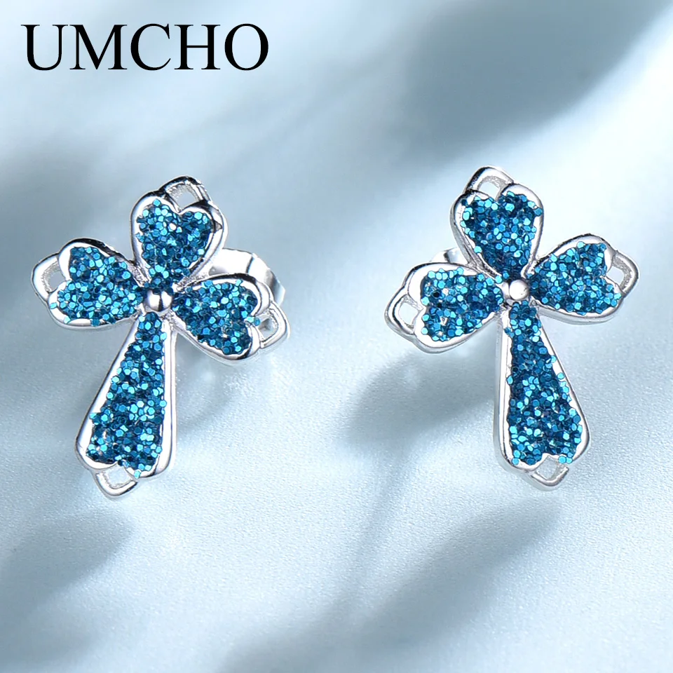 

UMCHO Blue Sequins Clover Silver 925 Stud Earrings for Women Party Wedding Accessories Jewelry