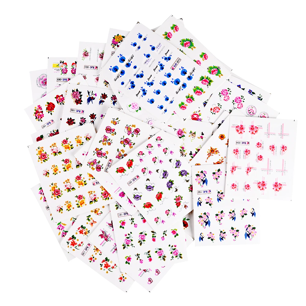 55pcs New Latest Nail Art Glitter Tips Flower Designs with Gold Powder Nail Art Sticker Decals Watermark DIY Manicur (1)