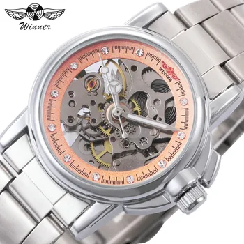 WINNER Fashion Woman Auto Mechanical Watch Stainless Steel Strap Pink Skeleton Dial Rhinestones Decoration Business Wristwatch
WINNER Fashion Woman Auto Mechanical Watch Stainless Steel Strap Pink Skeleton Dial Rhinestones Decoration Business Wristwatch