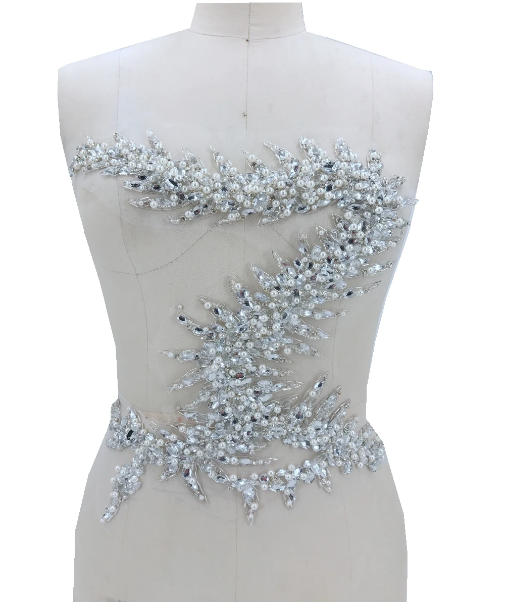 Pure hand made silver white sew on Rhinestones applique on mesh crystals patches trimming 36*34cm for wedding dress accessory
Pure hand made silver white sew on Rhinestones applique on mesh crystals patches trimming 36*34cm for wedding dress accessory