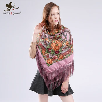 

Marte&Joven Retro Ethnic Style Floral Women Square Pashmina Scarf Hot Sale Ladies Winter Warm Fringed Bandana Scarves Shawl