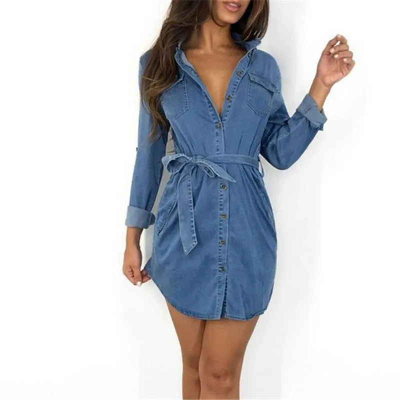 Women Dress Mini Denim Jeans Button Pocket Mini Shirt Wrap Dress Pretty 2019 New Hot Sale Summer robe femme ropa mujer Elegant
Women Dress Mini Denim Jeans Button Pocket Mini Shirt Wrap Dress Pretty 2019 New Hot Sale Summer robe femme ropa mujer Elegant