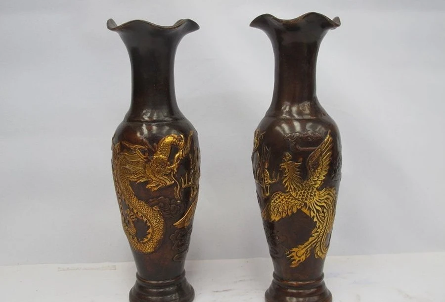 9"Chinese Marked Dynasty Bronze Gilt Auspicious Dragon Phoenix Pot Vases Pair a 0518
9"Chinese Marked Dynasty Bronze Gilt Auspicious Dragon Phoenix Pot Vases Pair a 0518