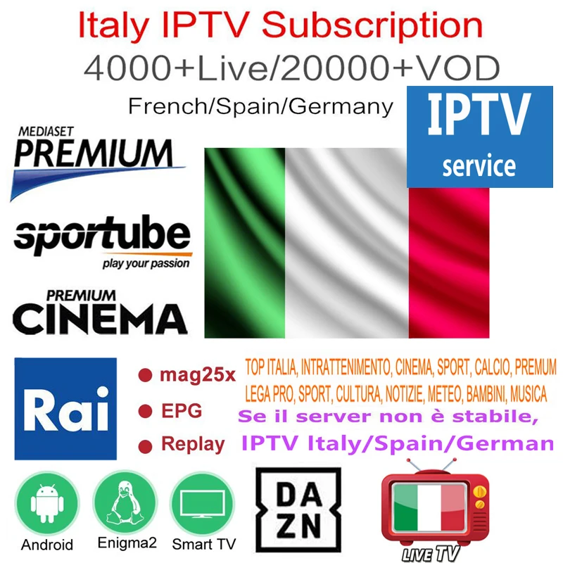 Italia IPTV M3u Subscription Iptv Italy 6000+Live UK French Spanish Mediaset Premium Italian For Android tv Box Enigma2 Smart TV
Italia IPTV M3u Subscription Iptv Italy 6000+Live UK French Spanish Mediaset Premium Italian For Android tv Box Enigma2 Smart TV