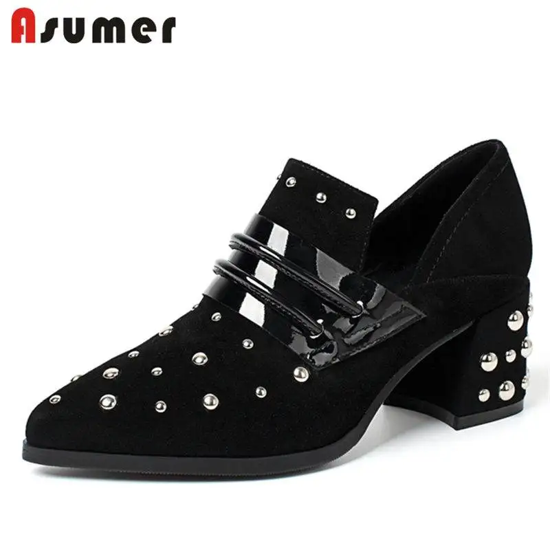 ASUMER NEW 2018 fashion pointed toe pumps women kid suede leather thick high heel rivet spring autumn shoes ladies shoes 
ASUMER NEW 2018 fashion pointed toe pumps women kid suede leather thick high heel rivet spring autumn shoes ladies shoes