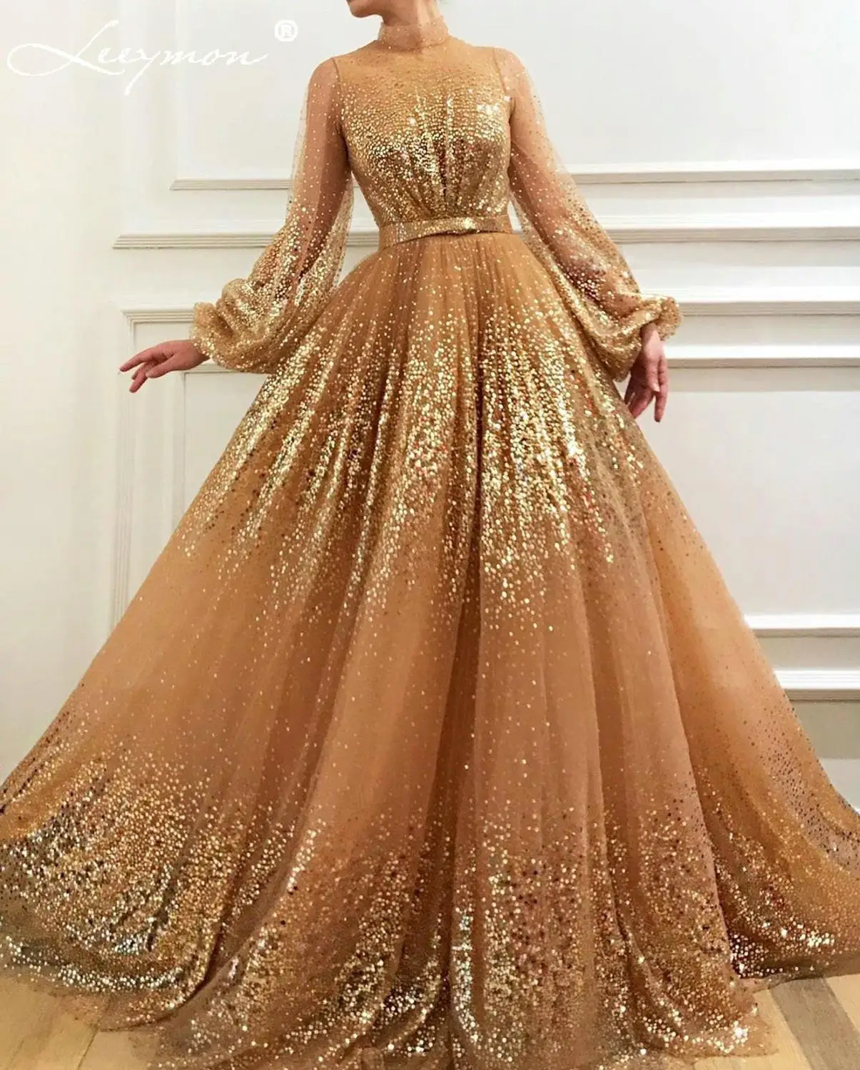 Gold Glitter Evening Dress Ball Gown Sparkling Puff Sleeves Floor Length High Neck Formal Long Prom Dress
Gold Glitter Evening Dress Ball Gown Sparkling Puff Sleeves Floor Length High Neck Formal Long Prom Dress