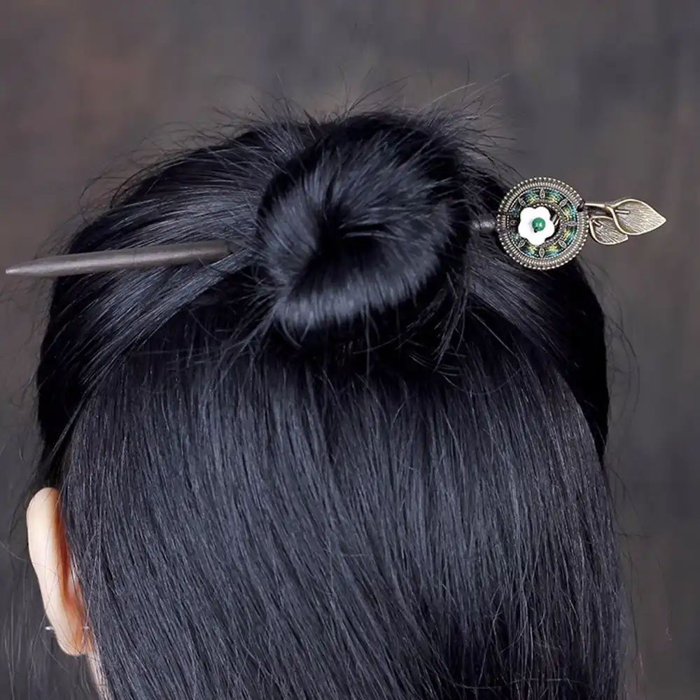 Ethnic Floral Leaf Black Wood Chinese Hair Sticks Women Hair Pins