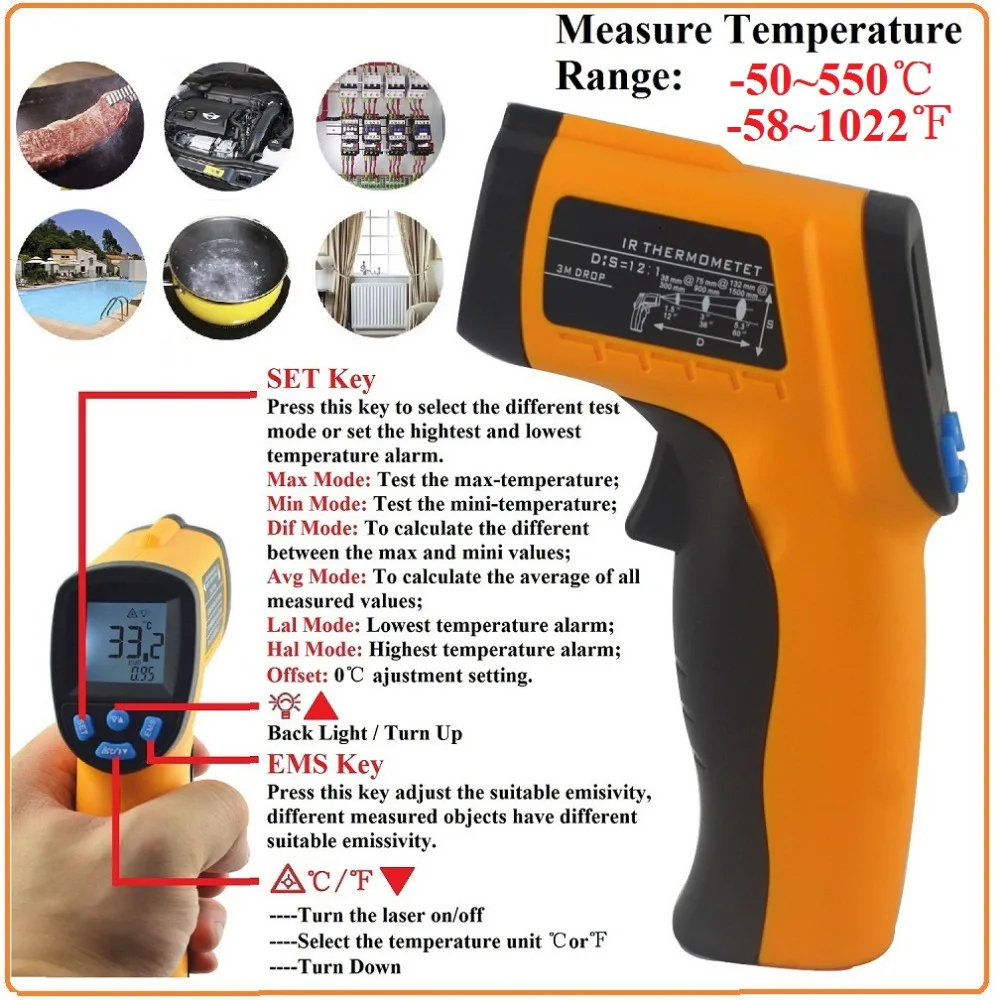 Image  58  716 F   50~550 C Digital Infrared Thermometer Non Contact Laser Thermometer Gun Auto Temperature Meter Sensor Gun