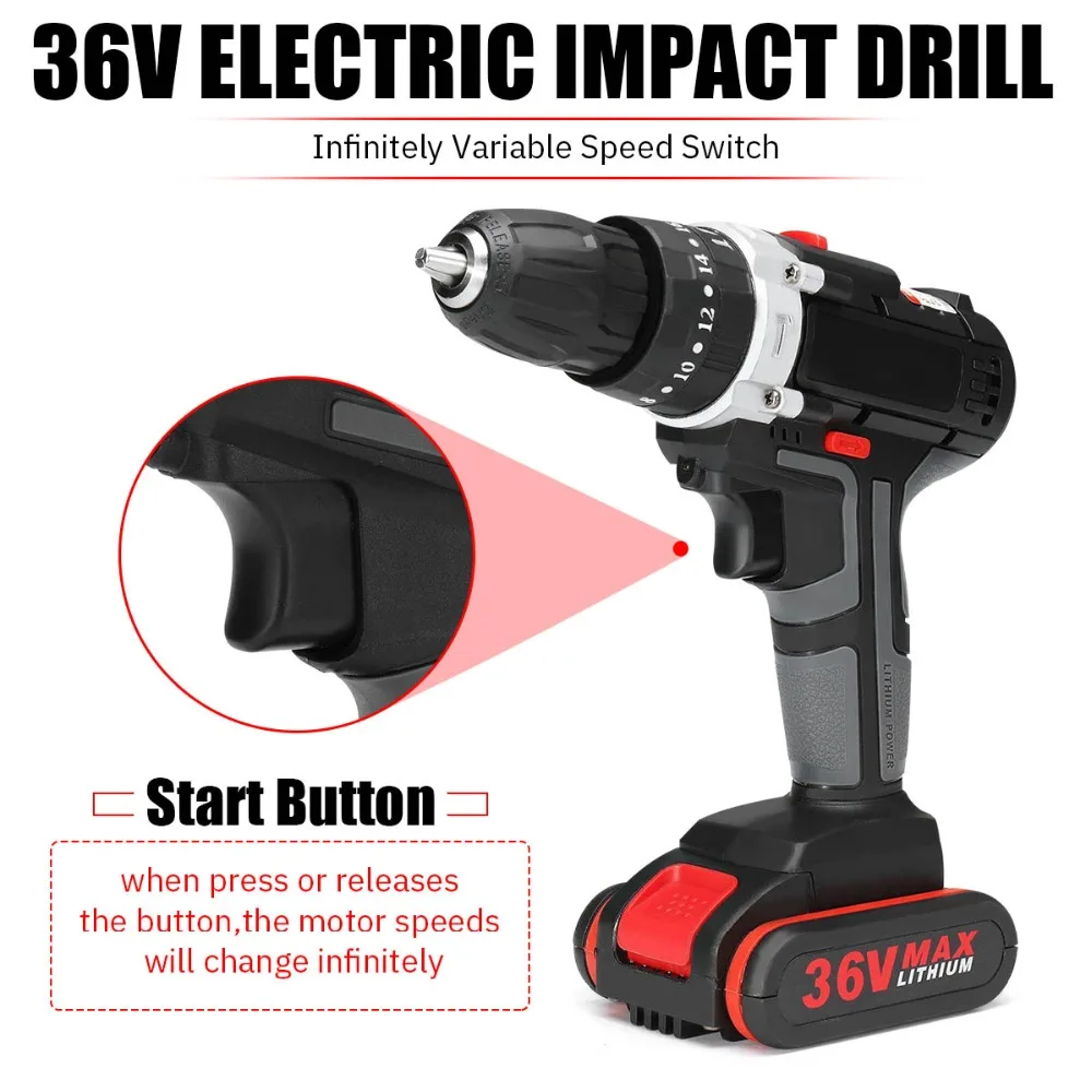 36V 3000mAh Electric Impact Cordless Drill Clutches Wireless Electric Screwdriver 1/2 Li-ion Battery Home DIY Power Tools
36V 3000mAh Electric Impact Cordless Drill Clutches Wireless Electric Screwdriver 1/2 Li-ion Battery Home DIY Power Tools