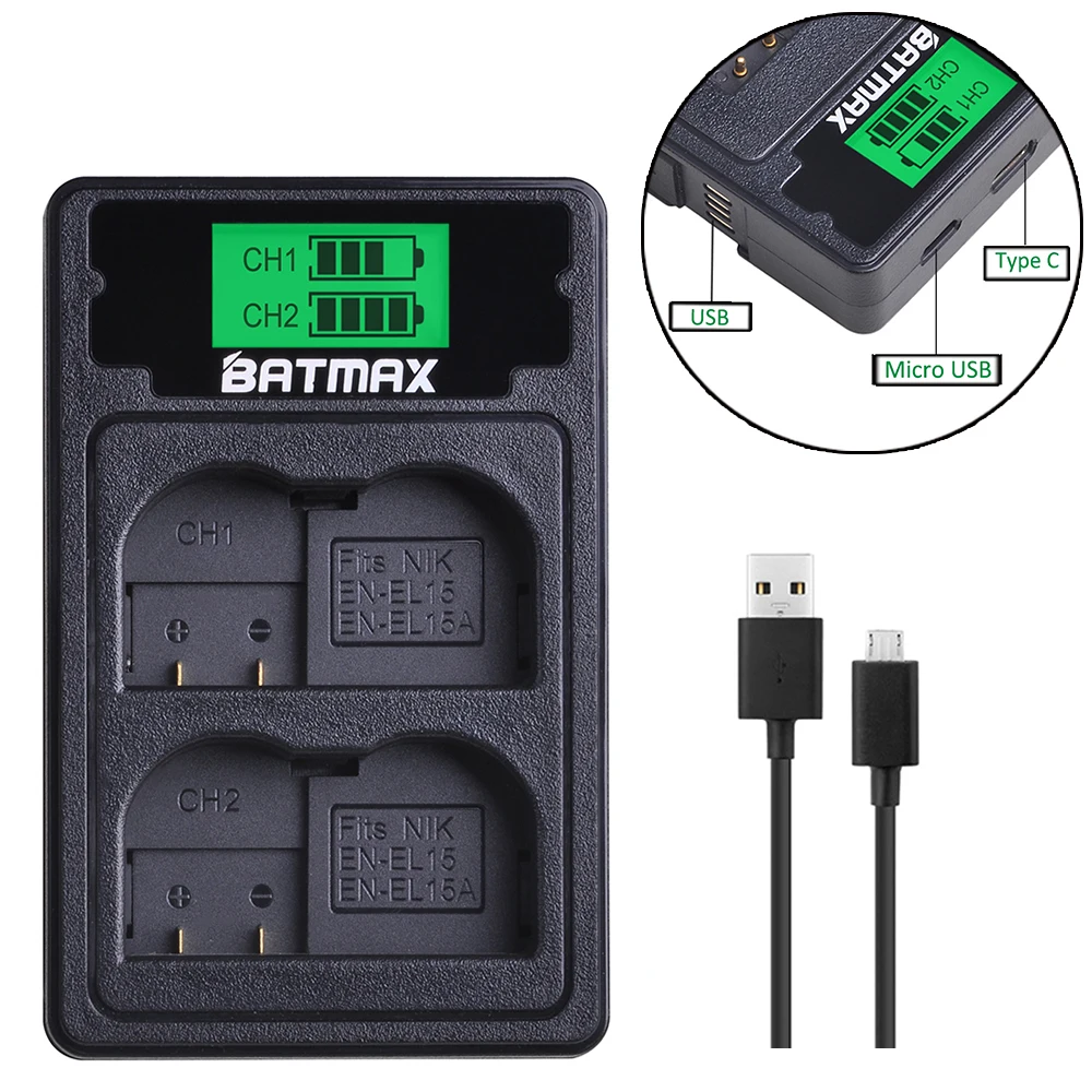 EN-EL15 EN-EL15A LCD USB Dual Charger With USB Cable&Type C Port For Nikon DSLR D600 D610 D800 D800E D810 D7000 D7100 D7200 V1
EN-EL15 EN-EL15A LCD USB Dual Charger With USB Cable&Type C Port For Nikon DSLR D600 D610 D800 D800E D810 D7000 D7100 D7200 V1