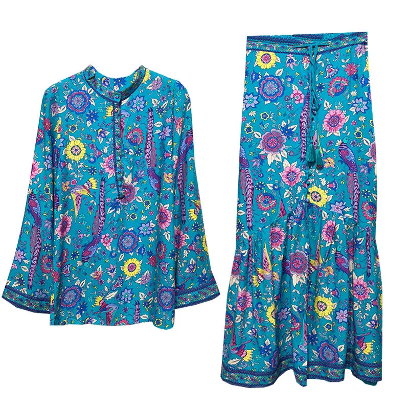Suit skirt 2019 new spring leisure holiday wind peacock blue floral print long sleeve loose shirt + high waist skirt suit dress
Suit skirt 2019 new spring leisure holiday wind peacock blue floral print long sleeve loose shirt + high waist skirt suit dress